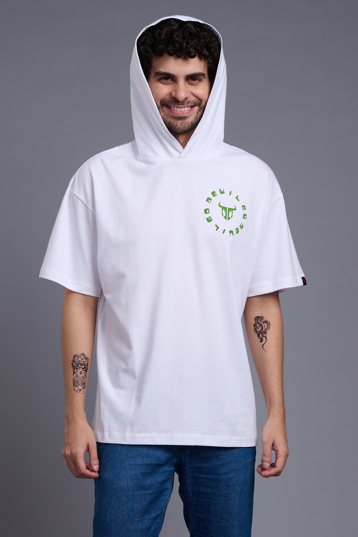 Devil (In Green) Printed White Hooded Oversized T-Shirt for Men