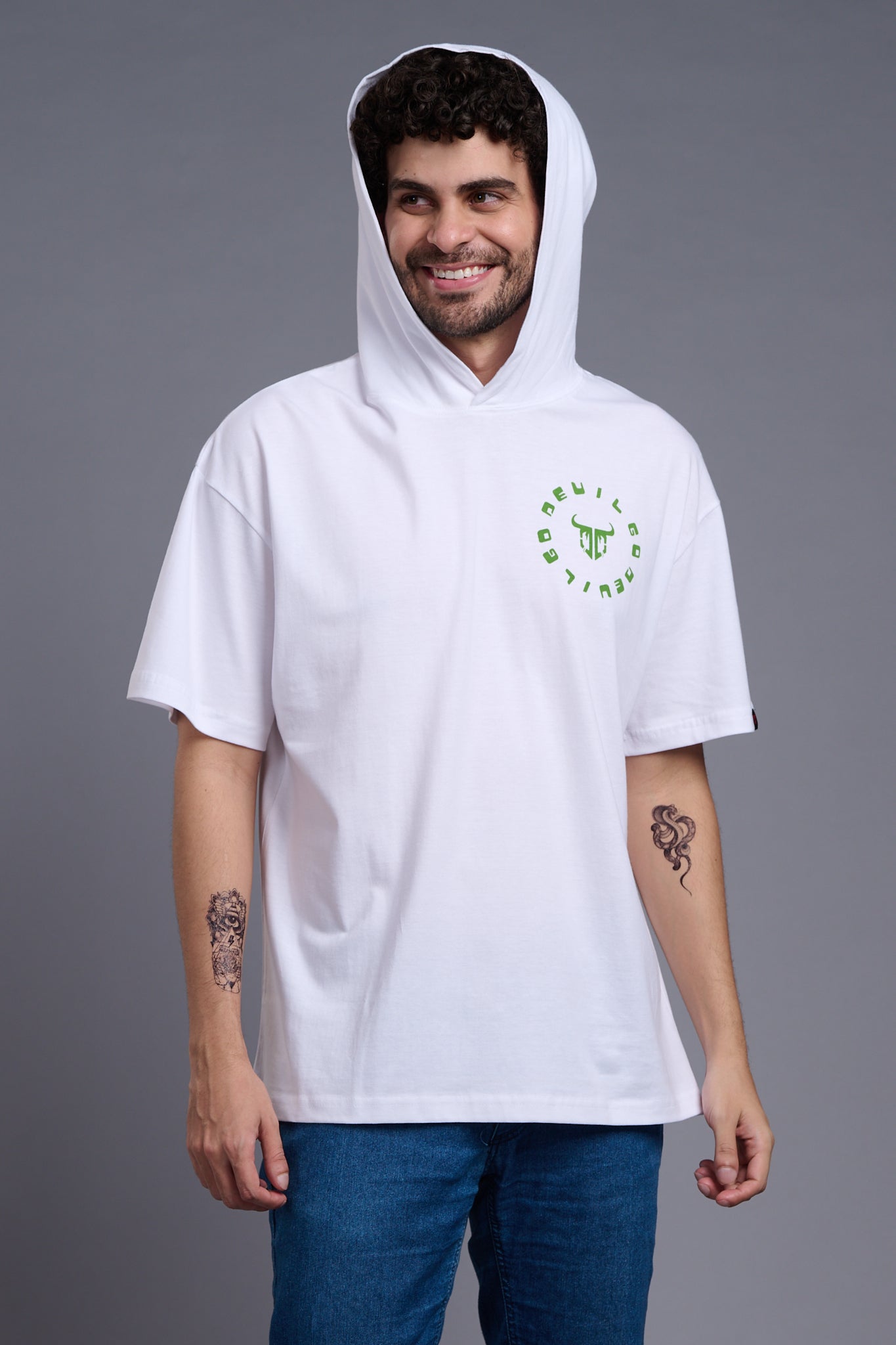 Devil (In Green) Printed White Hooded Oversized T-Shirt for Men