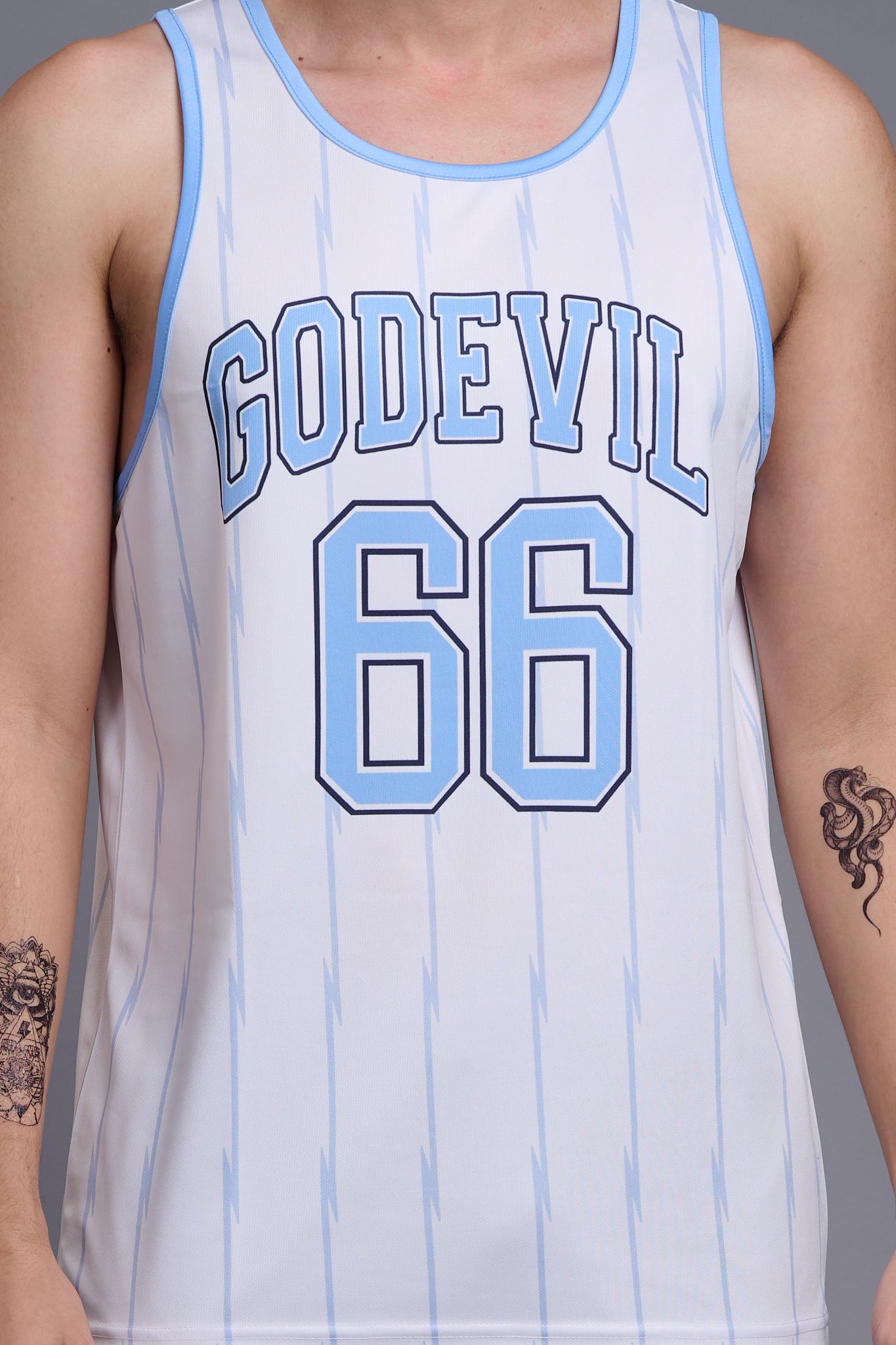 Go Devil 66 (In Sky Blue) Printed Stripes Sky Blue & White Vests for Men