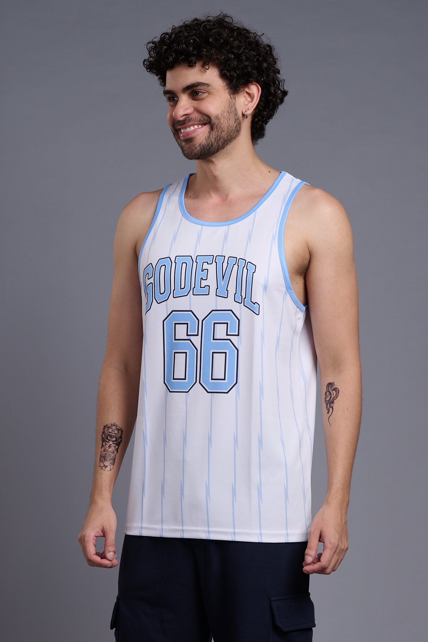 Go Devil 66 (In Sky Blue) Printed Stripes Sky Blue & White Vests for Men