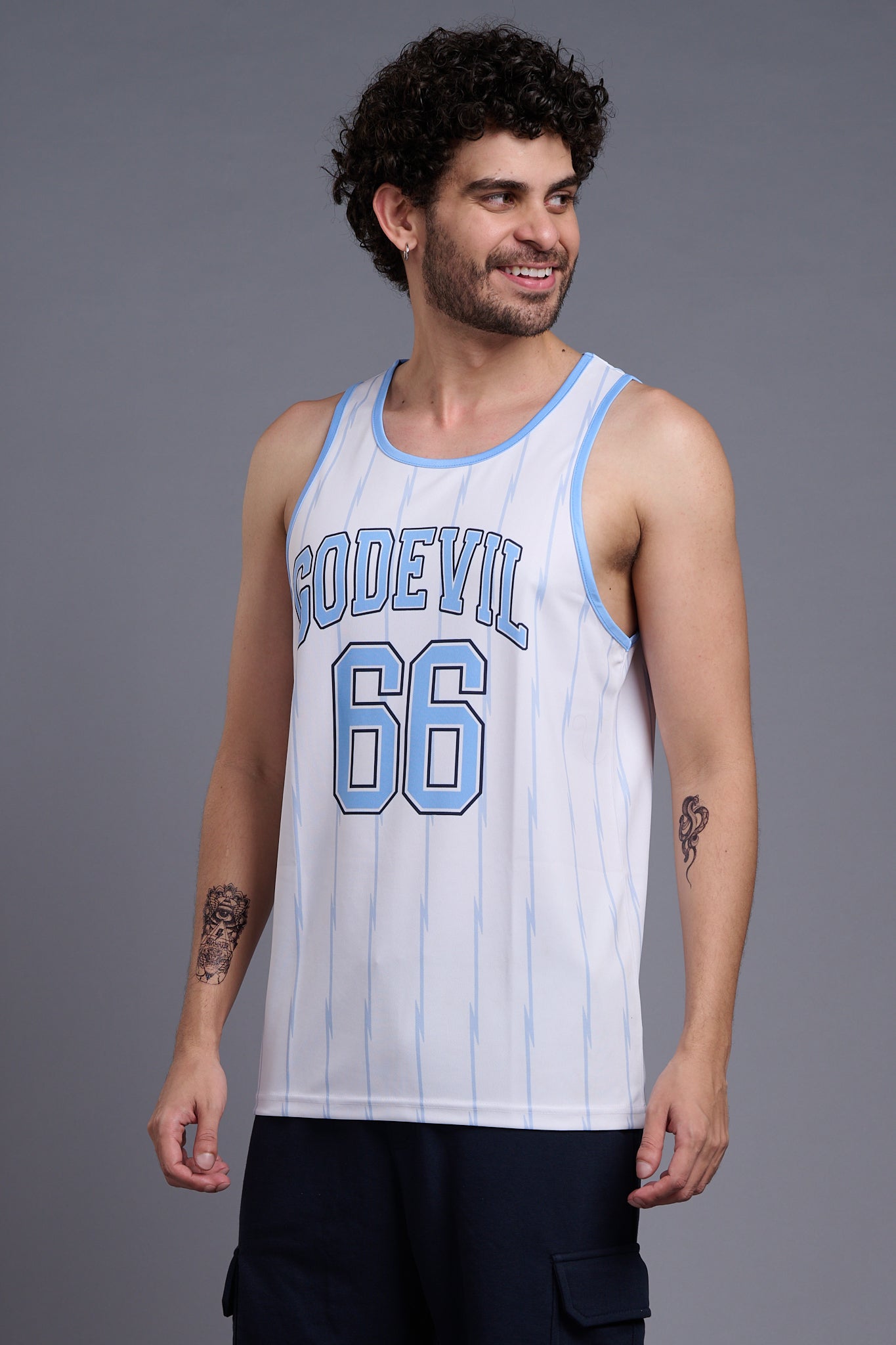 Go Devil 66 (In Sky Blue) Printed Stripes Sky Blue & White Vests for Men