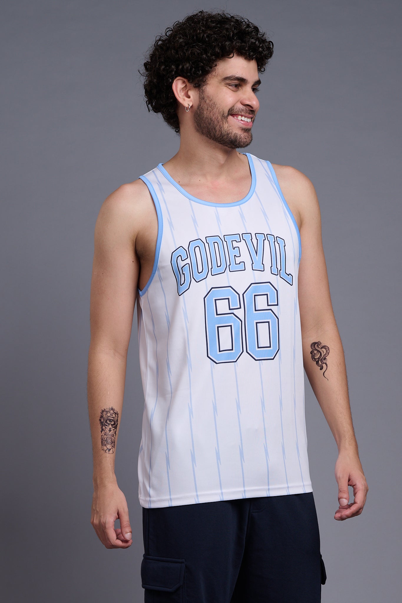 Go Devil 66 (In Sky Blue) Printed Stripes Sky Blue & White Vests for Men