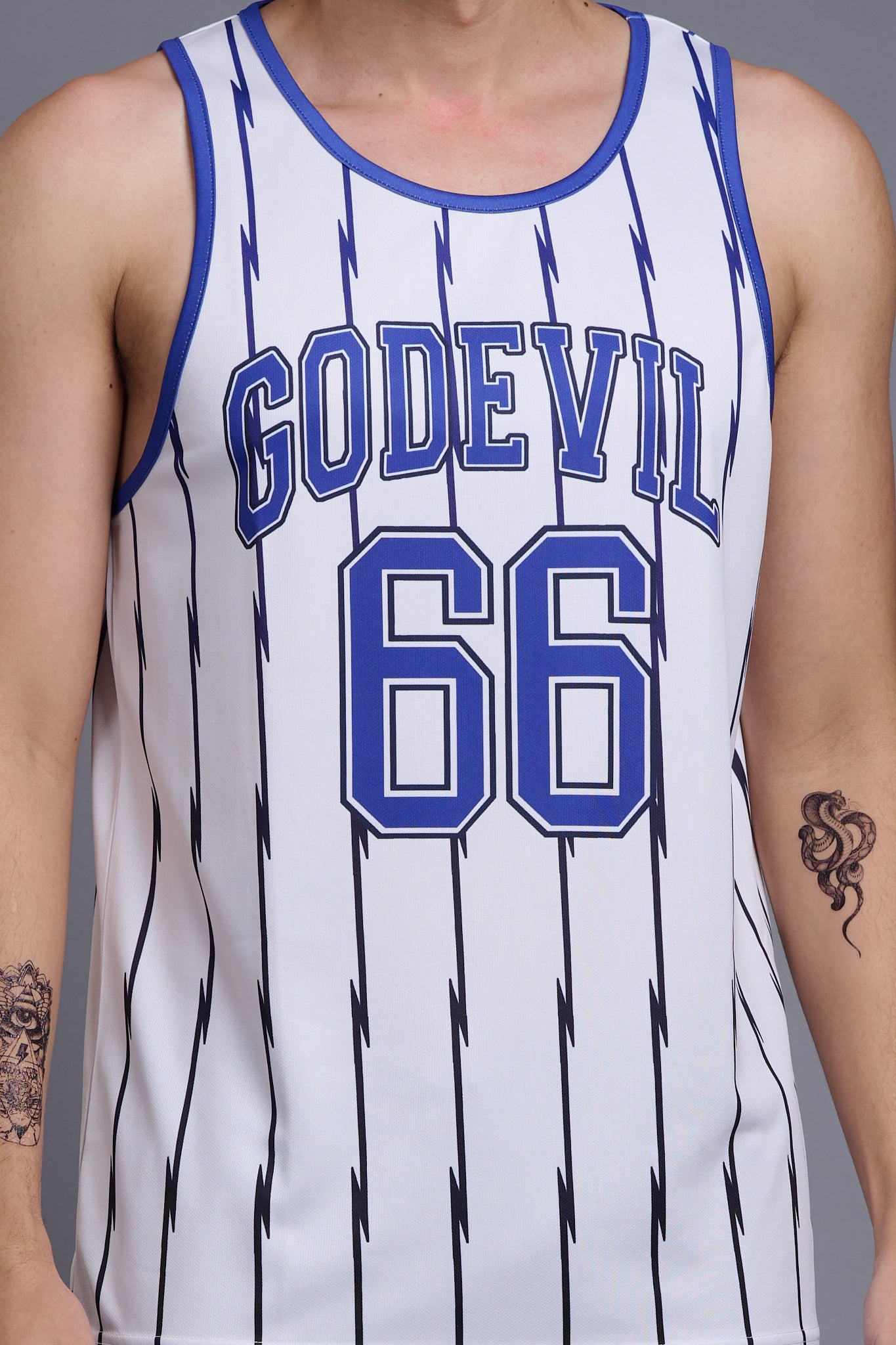 Go Devil 66 (In Royal Blue) Printed Stripes Royal Blue & White Vests for Men