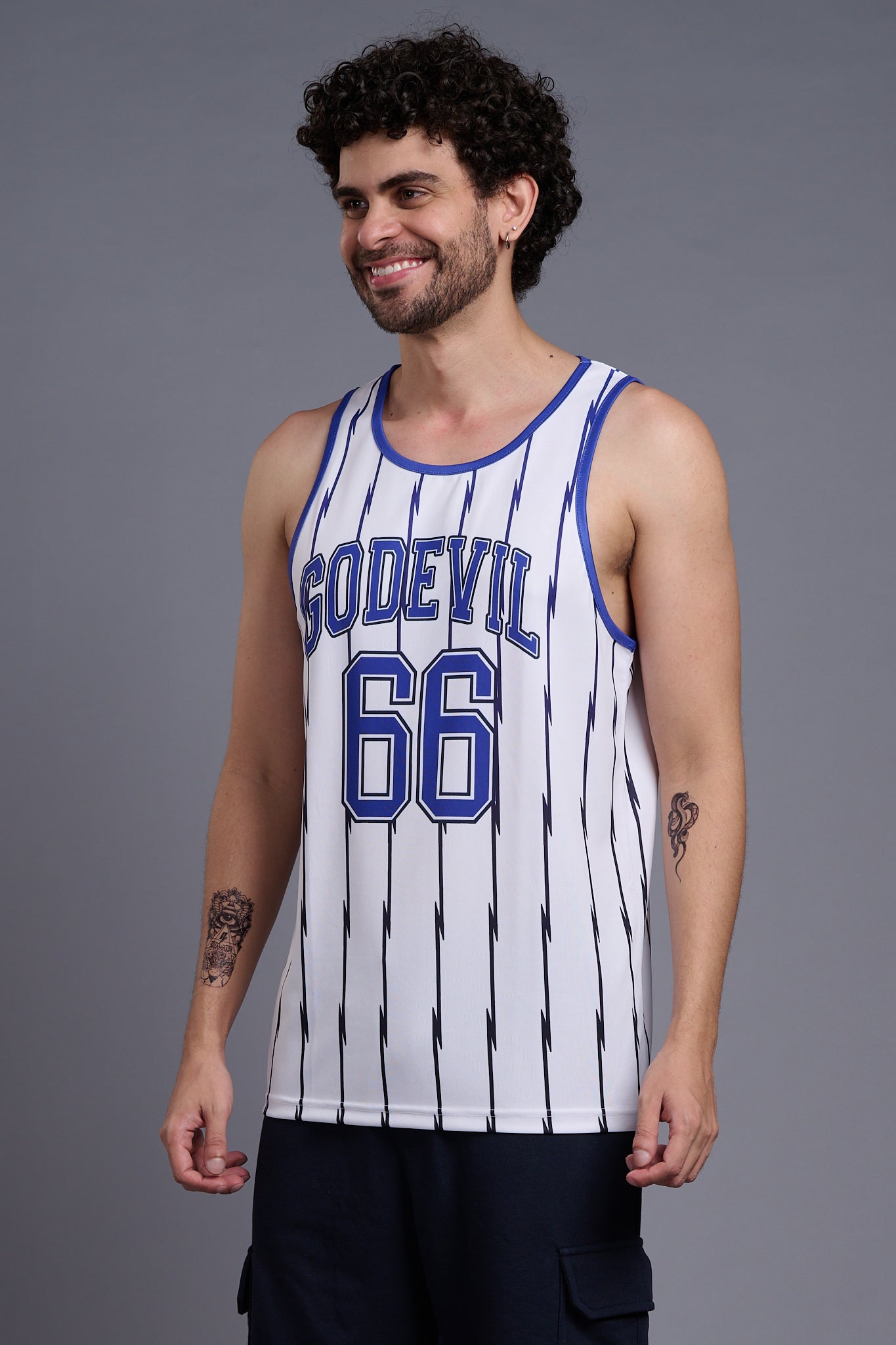 Go Devil 66 (In Royal Blue) Printed Stripes Royal Blue & White Vests for Men