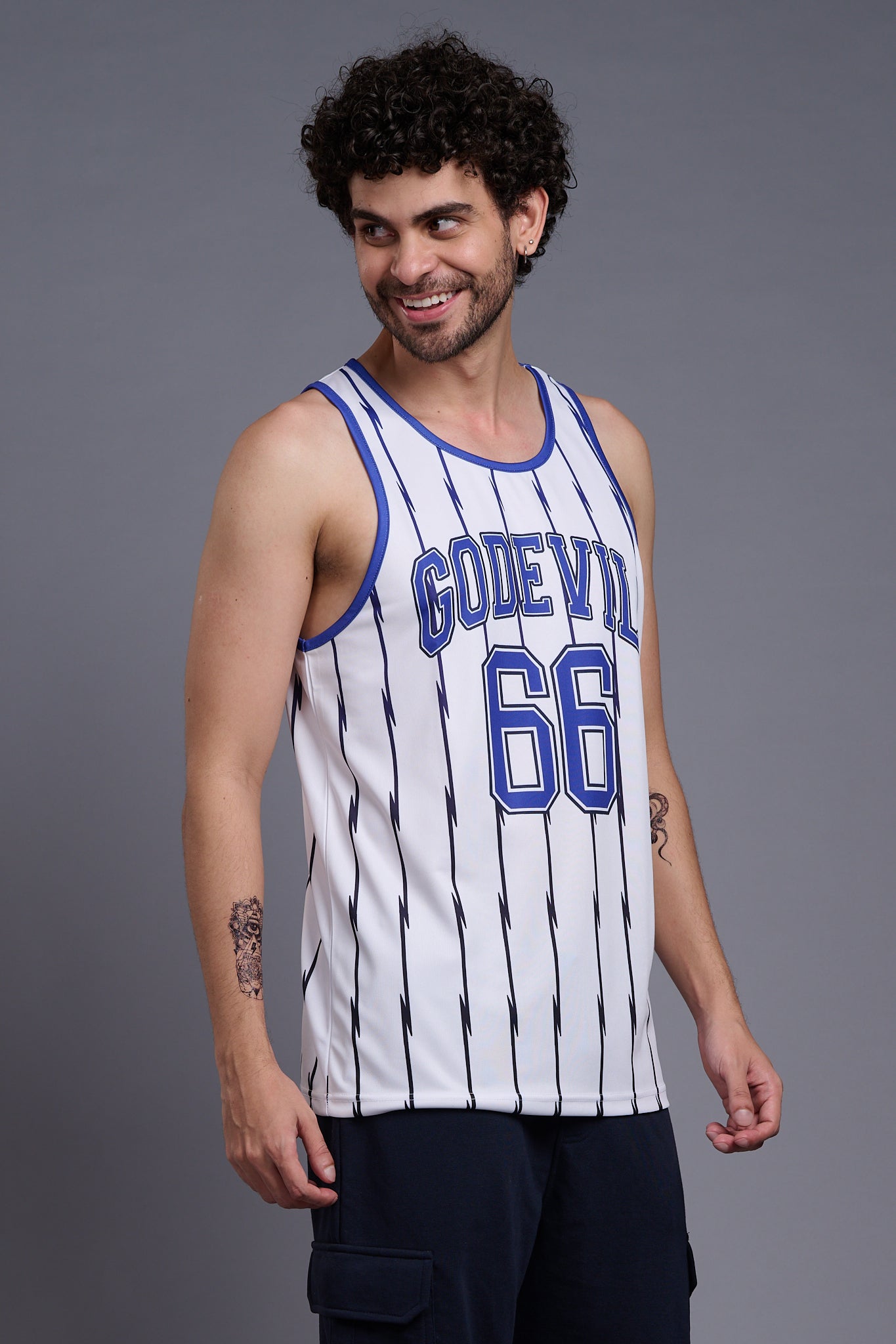 Go Devil 66 (In Royal Blue) Printed Stripes Royal Blue & White Vests for Men