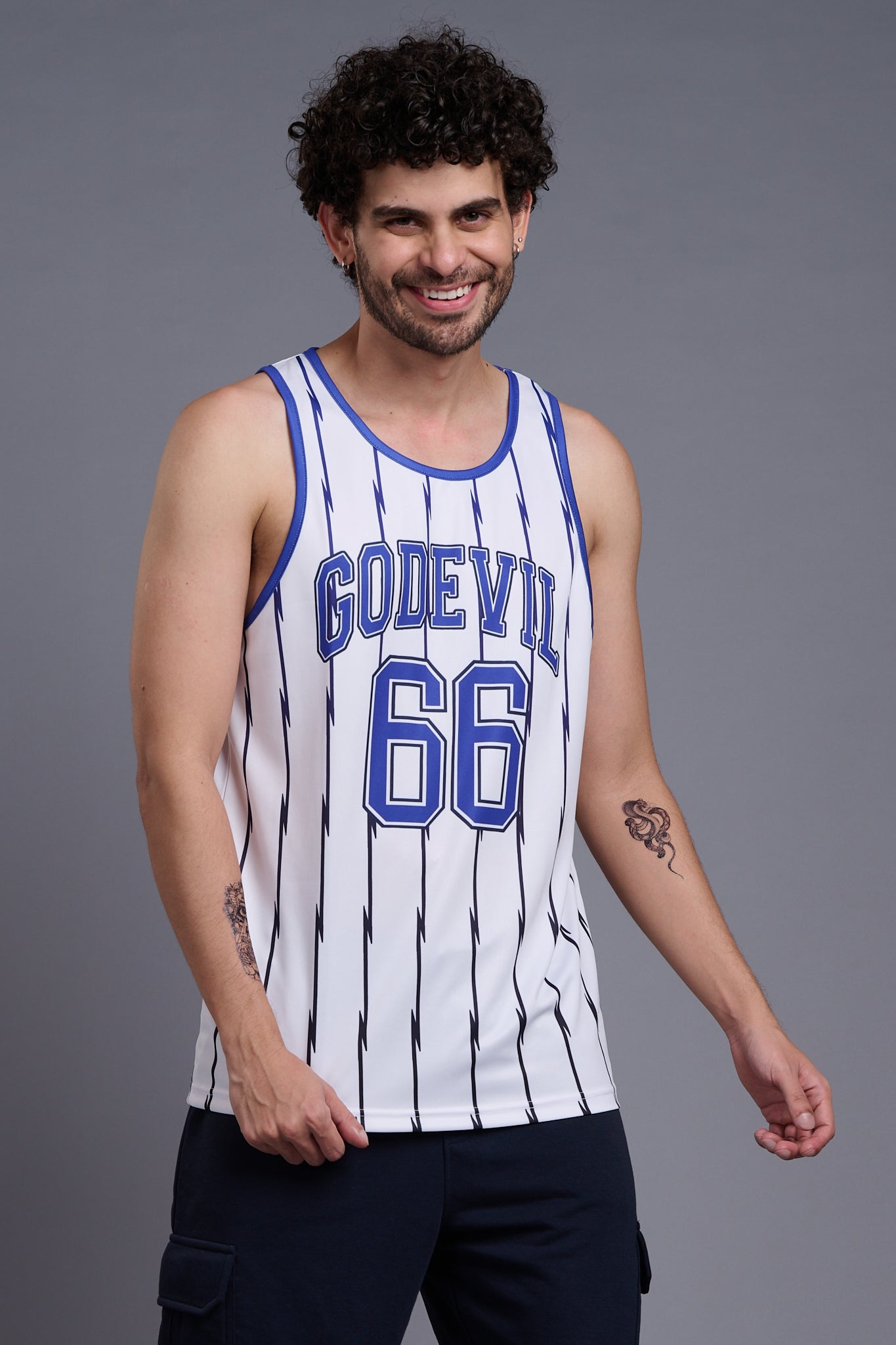 Go Devil 66 (In Royal Blue) Printed Stripes Royal Blue & White Vests for Men