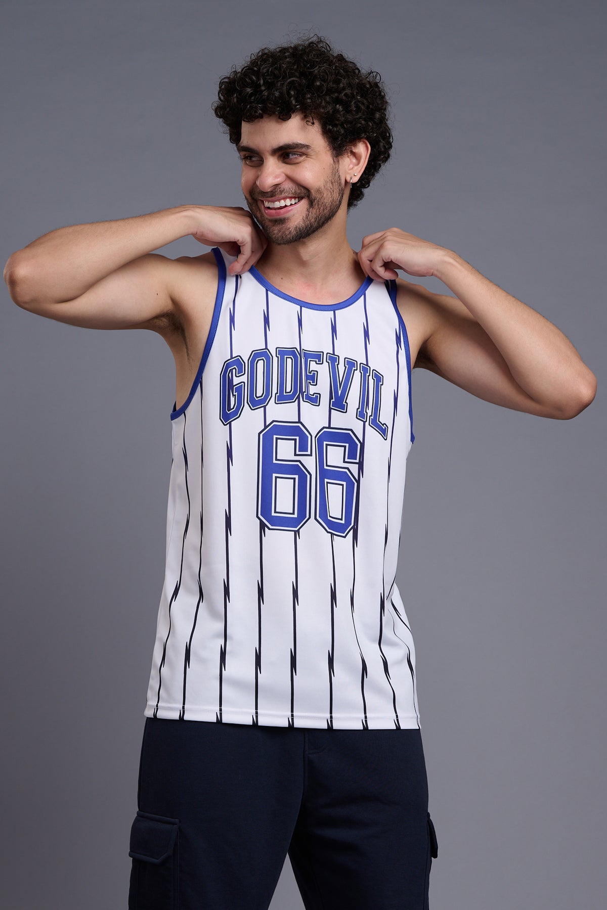 Go Devil 66 (In Royal Blue) Printed Stripes Royal Blue & White Vests for Men