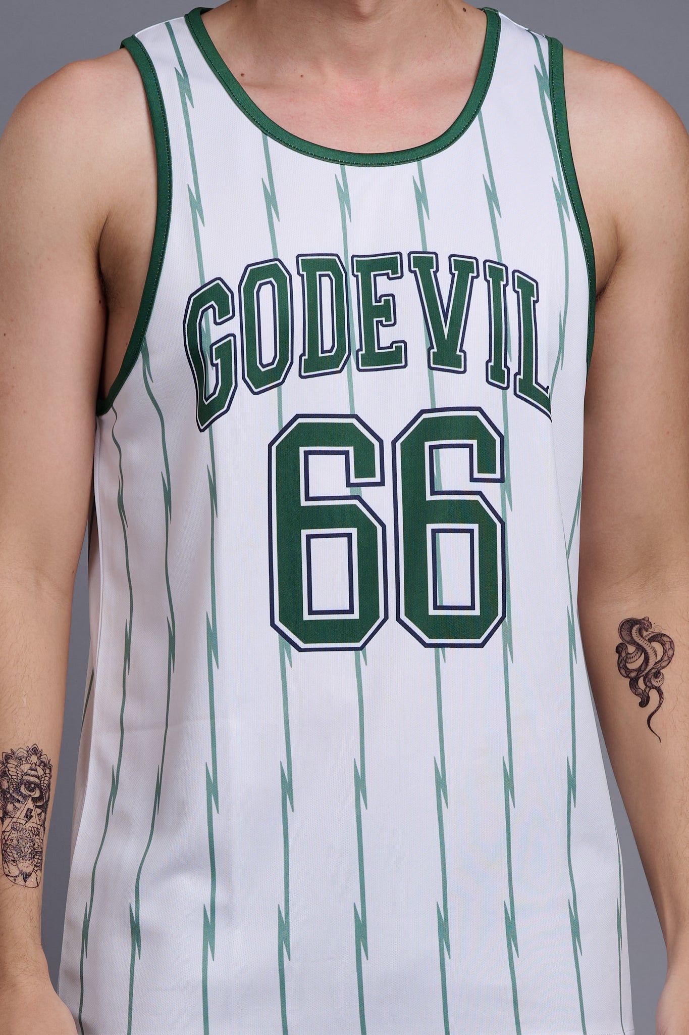 Go Devil 66 (In Green) Printed Stripes Green & White Vests for Men