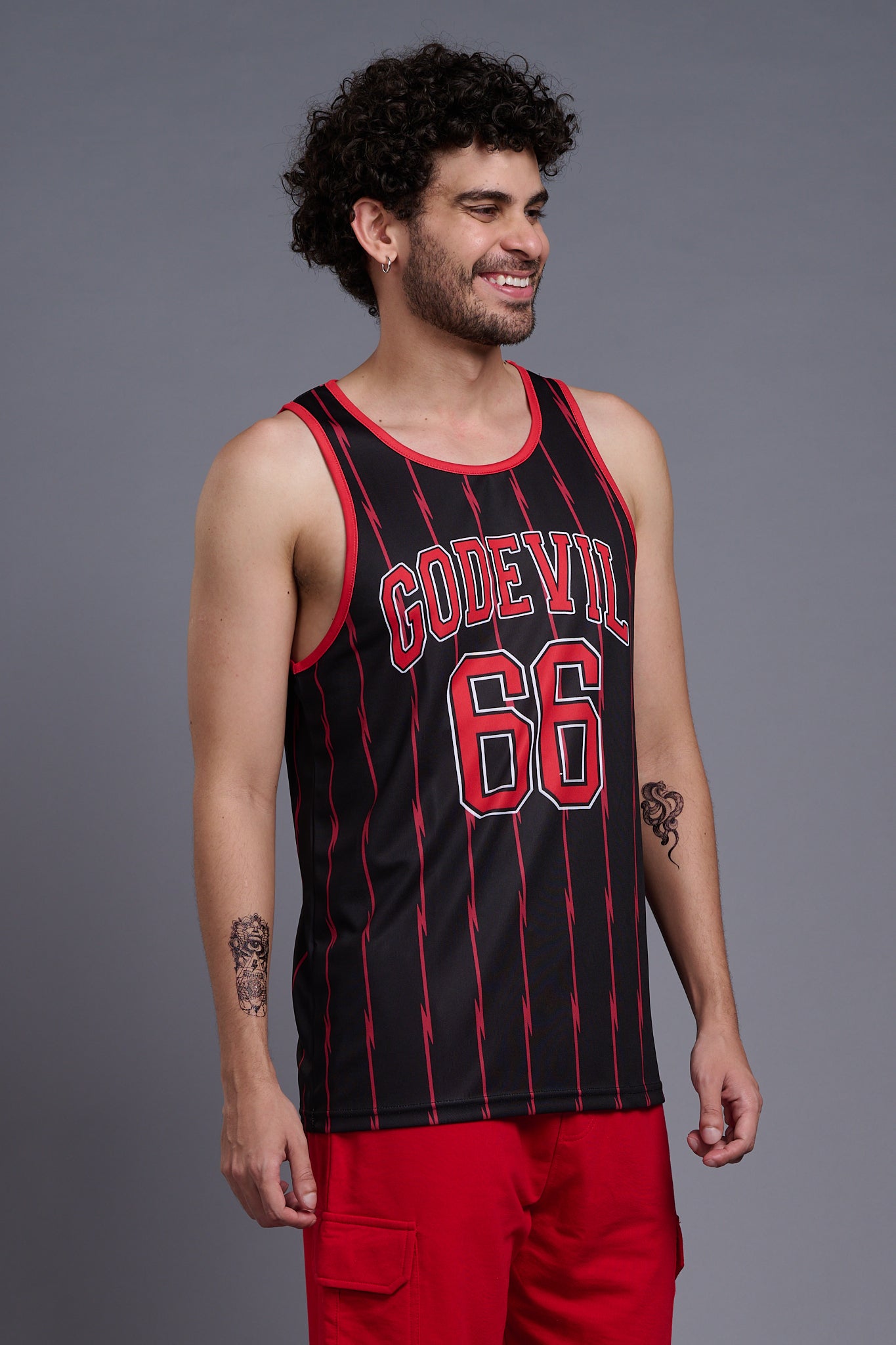 Go Devil 66 Printed Stripes Red & Black Vests for Men