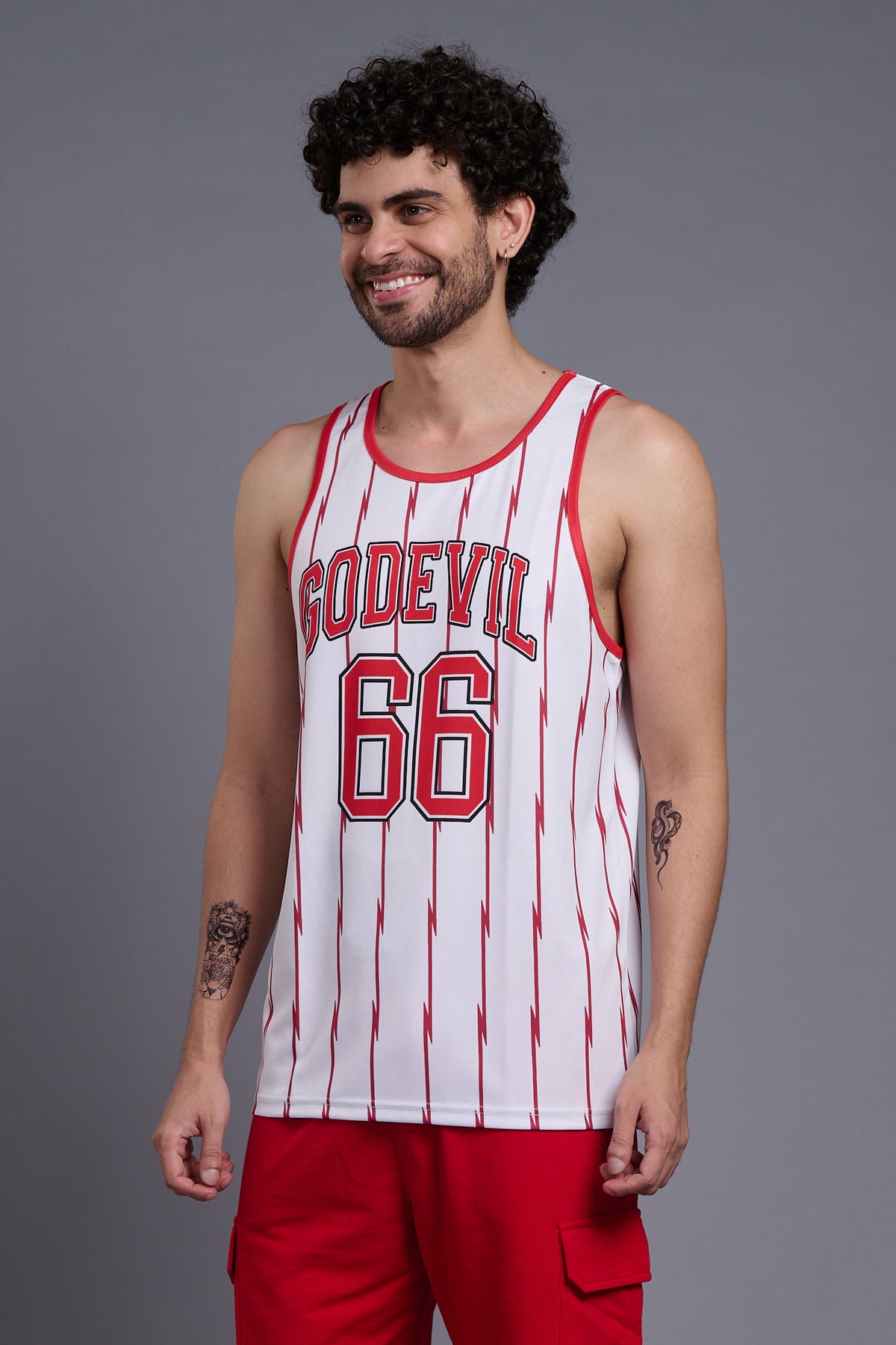 Go Devil 66 Printed Stripes Red & White Vests for Men