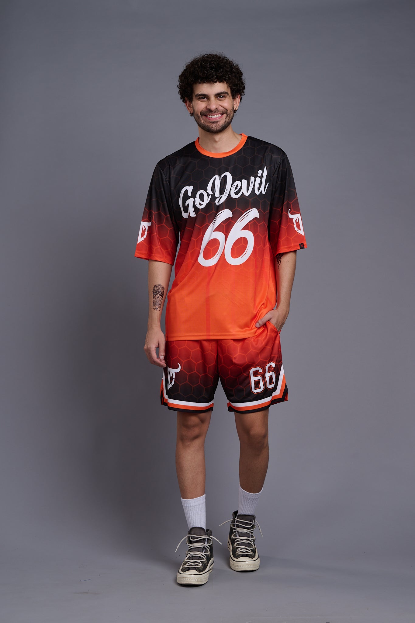 Go Devil 66 (In White) Printed Polyester Orange Gradient Co-Ords for Men