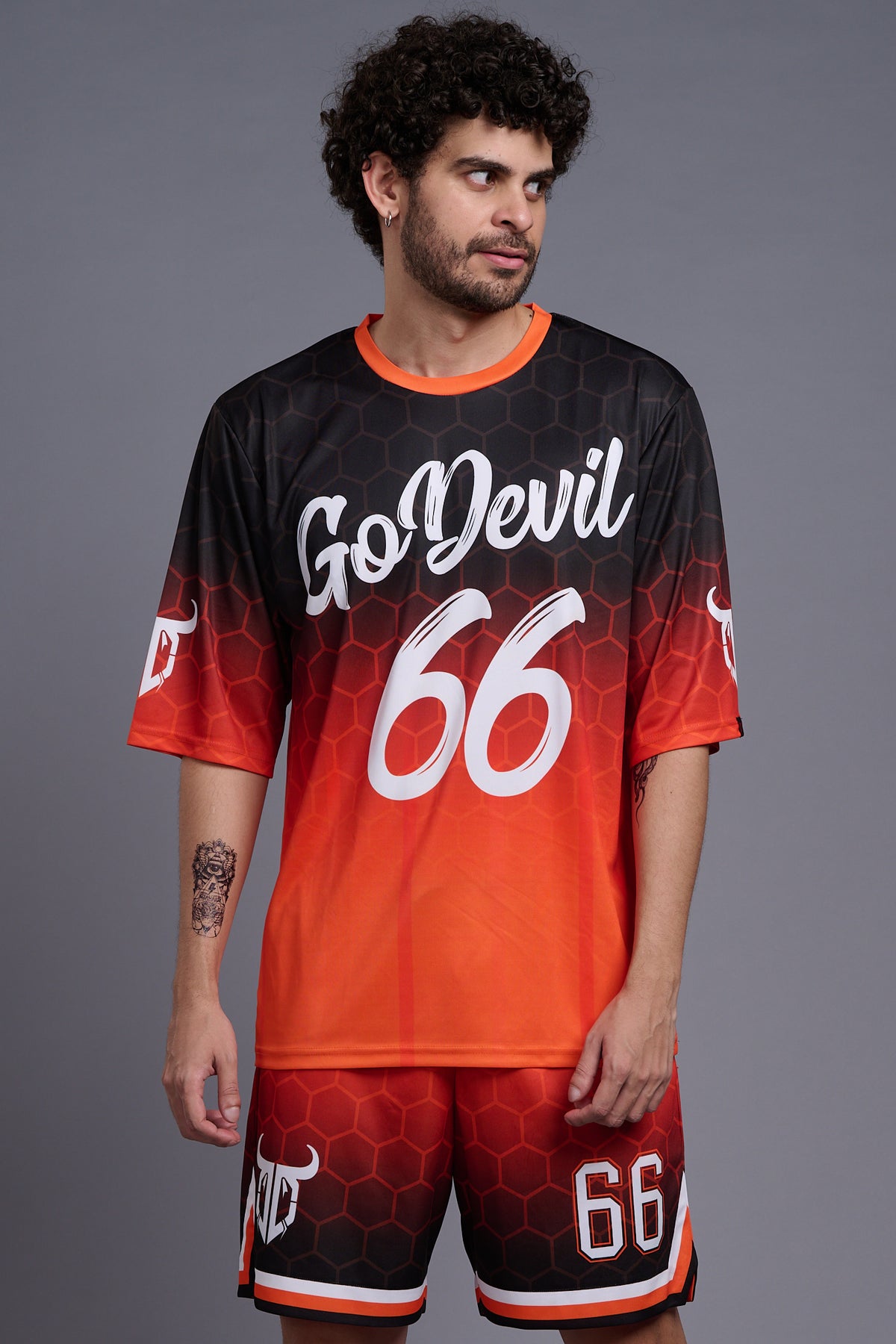 Go Devil 66 (In White) Printed Polyester Orange Gradient Co-Ords for Men