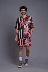 Go Devil Printed Stripe Black & Flamingo Pink Co-Ords for Men