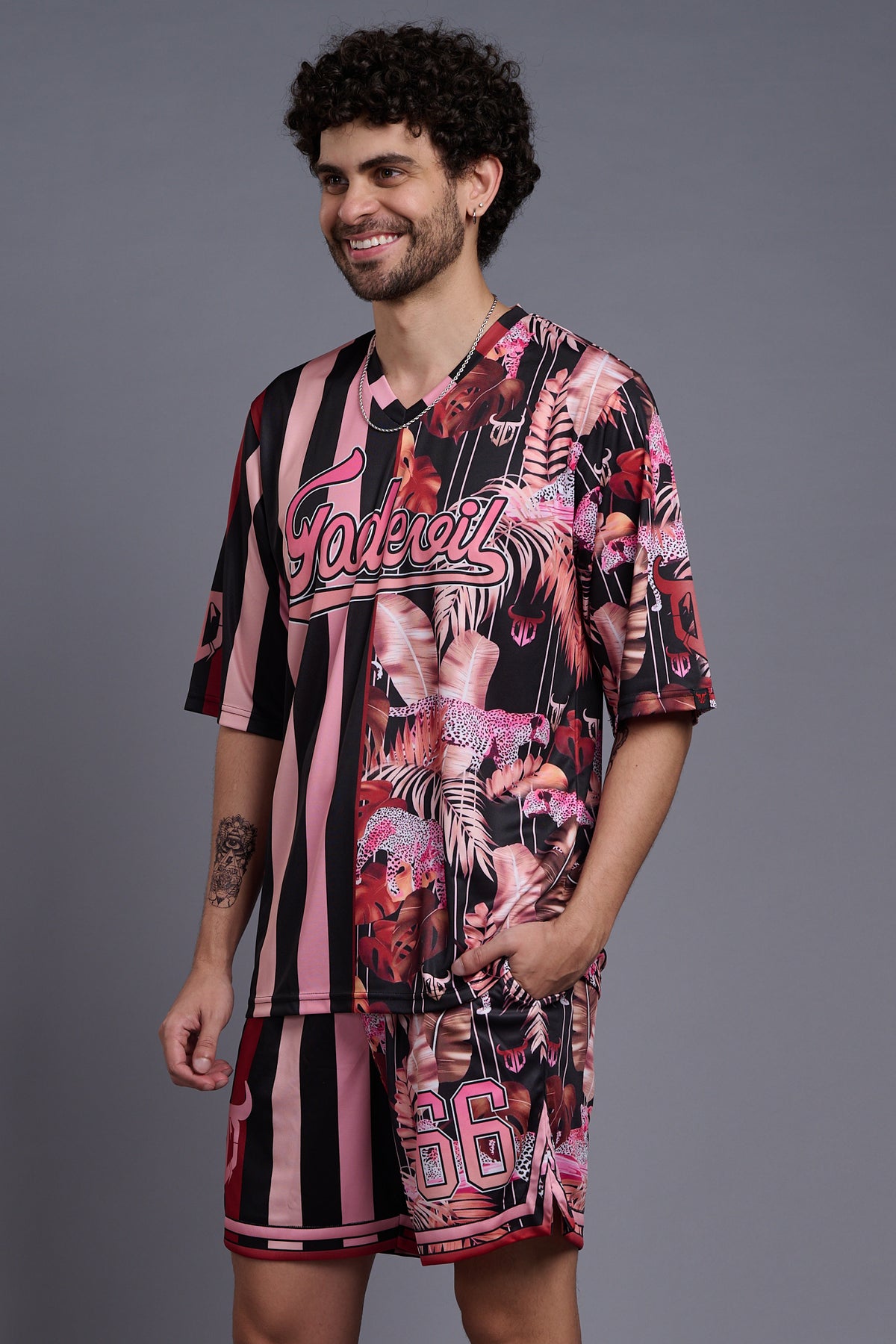 Go Devil Printed Stripe Black & Flamingo Pink Co-Ords for Men