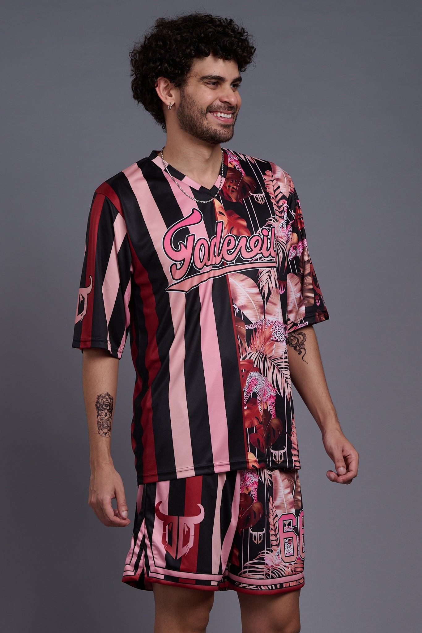 Go Devil Printed Stripe Black & Flamingo Pink Co-Ords for Men