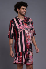 Go Devil Printed Stripe Black & Flamingo Pink Co-Ords for Men