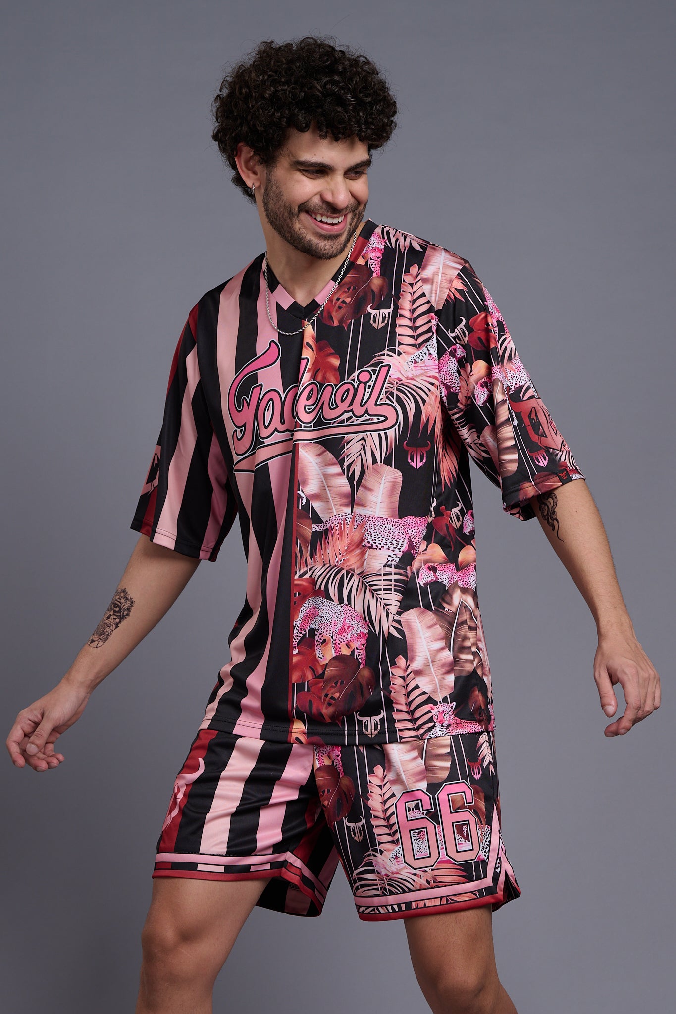 Go Devil Printed Stripe Black & Flamingo Pink Co-Ords for Men