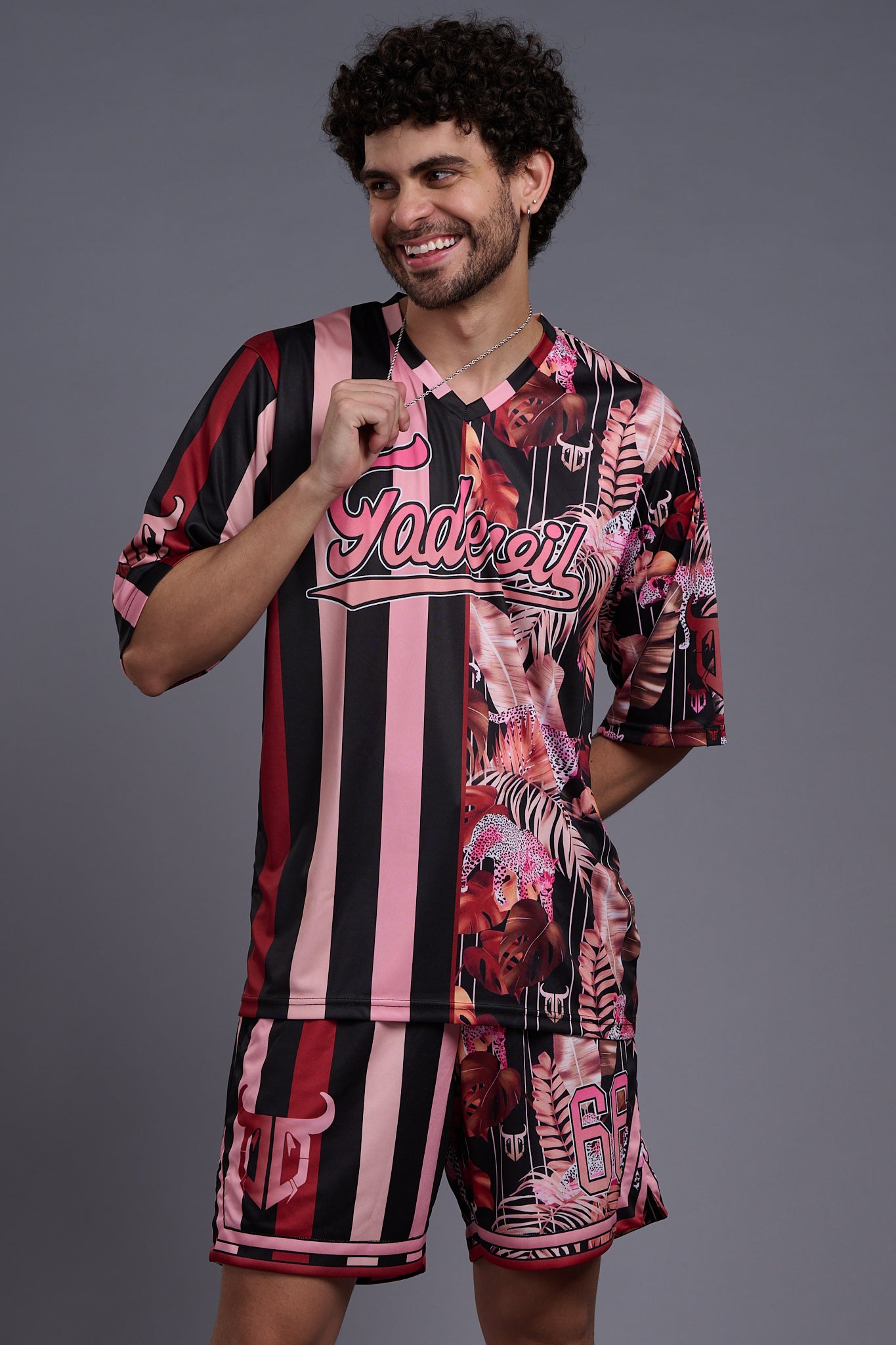 Go Devil Printed Stripe Black & Flamingo Pink Co-Ords for Men