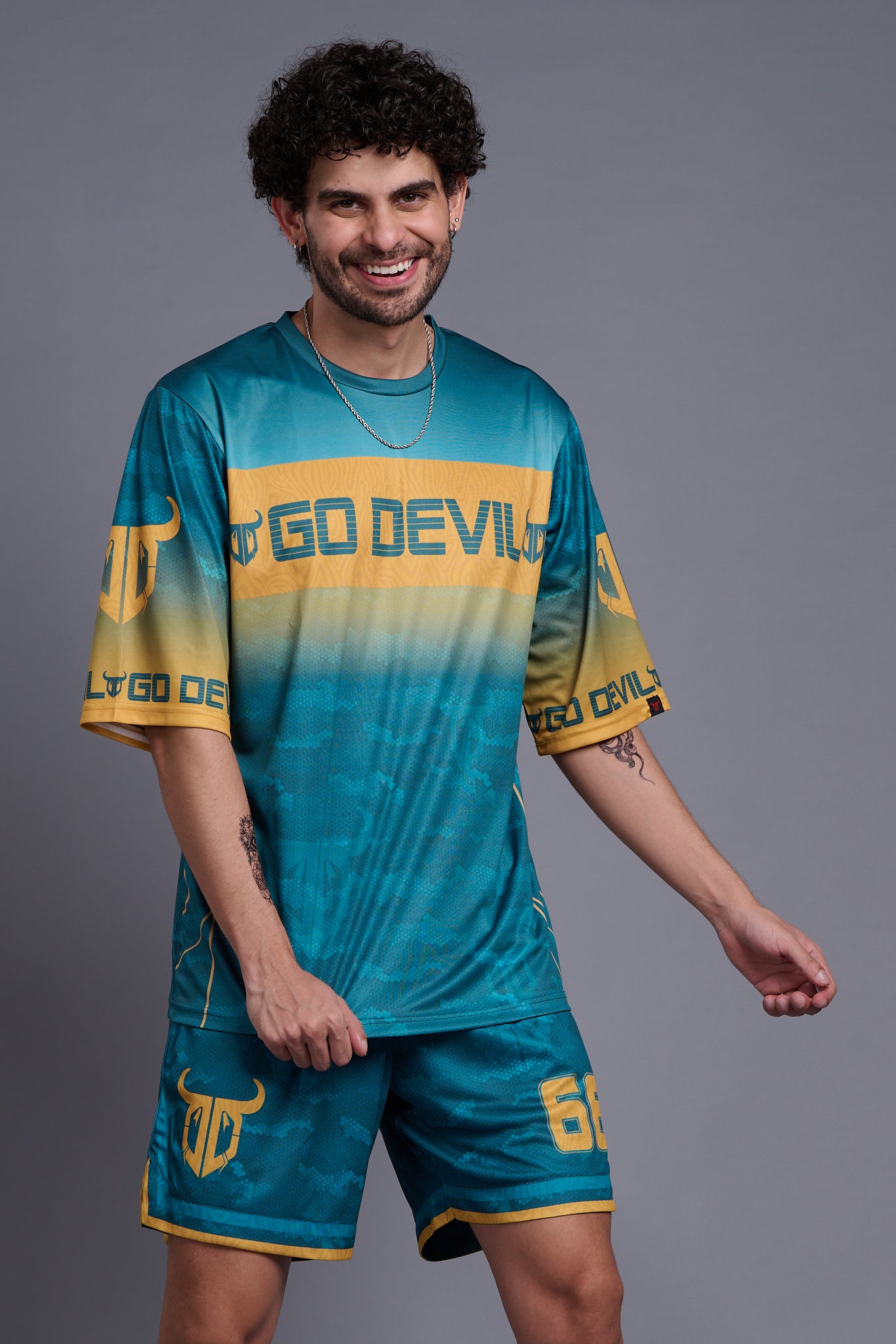 Go Devil Printed Blue and Yellow Co-Ords for Men