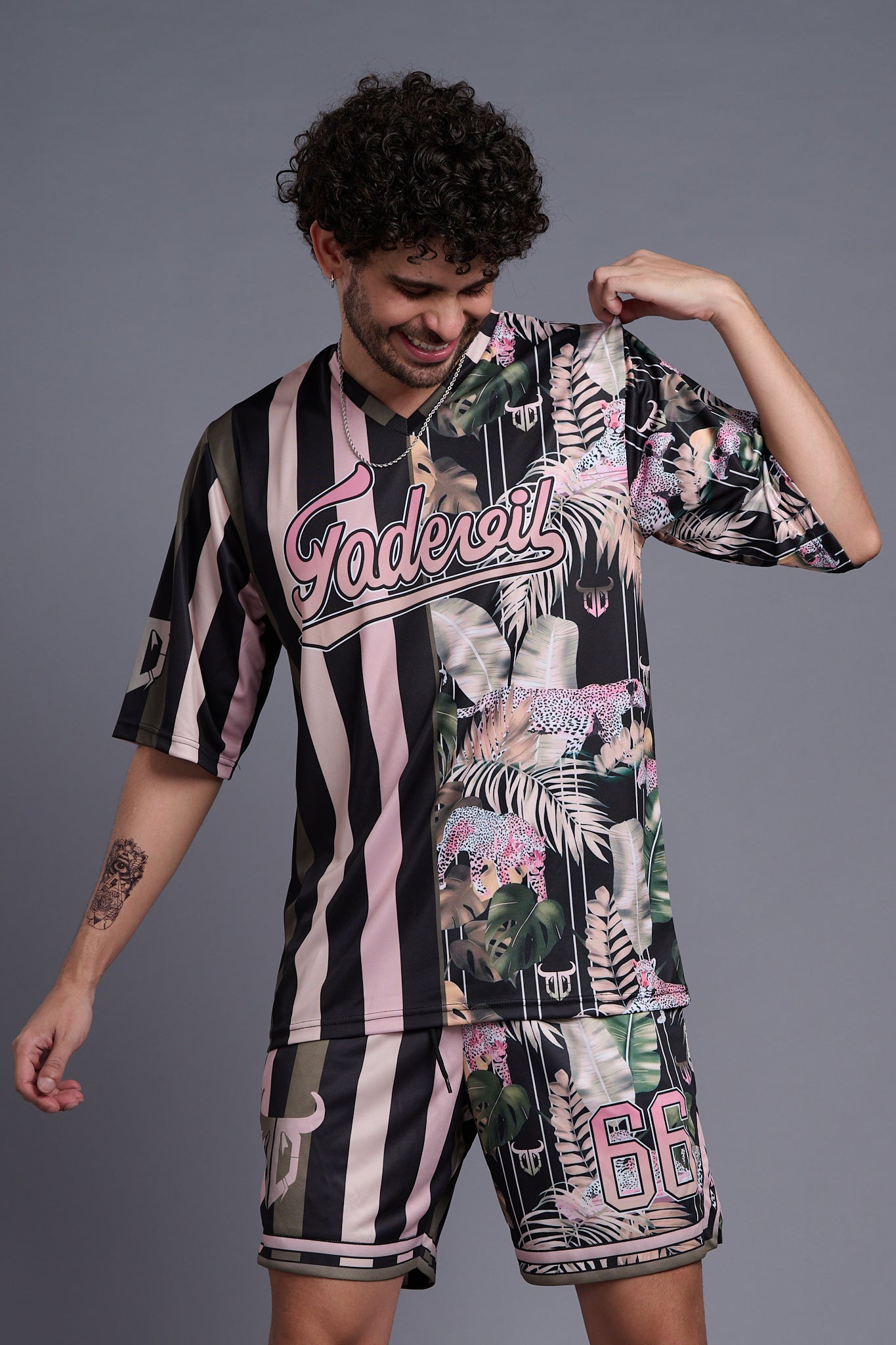 Go Devil Printed Stripe Black & Millenial Pink Co-Ords for Men