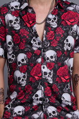 Skull with Rose Printed Black Shirt With Pant Co-Ord Set For Men