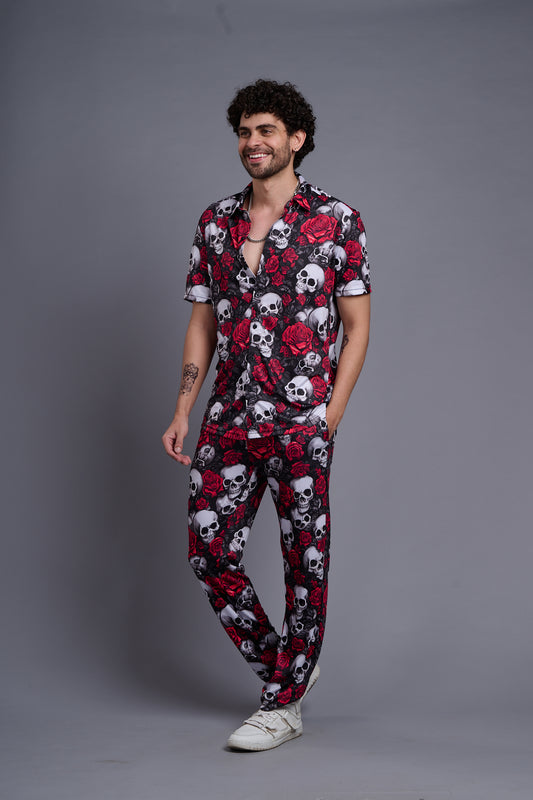 Skull with Rose Printed Black Shirt With Pant Co-Ord Set For Men