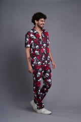 Skull with Rose Printed Black Shirt With Pant Co-Ord Set For Men