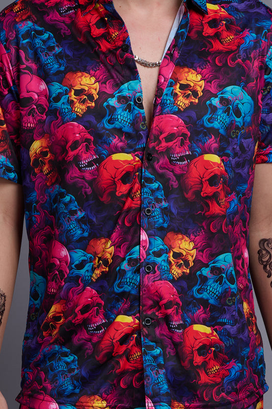 Colourful Skull Printed Shirt With Pant Co-Ord Set For Men