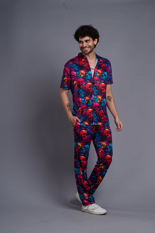 Colourful Skull Printed Shirt With Pant Co-Ord Set For Men