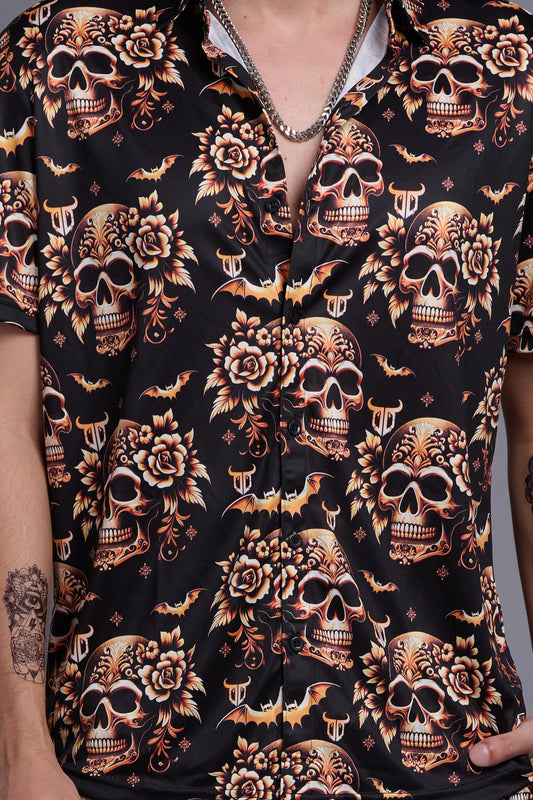 Golden Skull Printed Black Shirt With Pant Co-Ord Set For Men