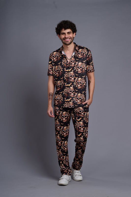 Golden Skull Printed Black Shirt With Pant Co-Ord Set For Men