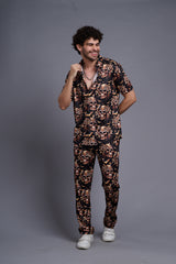 Golden Skull Printed Black Shirt With Pant Co-Ord Set For Men