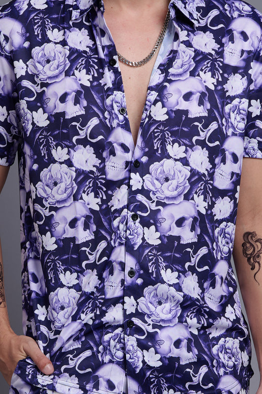 Flower Printed White and Royal Blue Shirt With Pant Co-Ord Set For Men