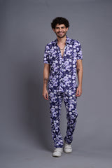 Flower Printed White and Royal Blue Shirt With Pant Co-Ord Set For Men