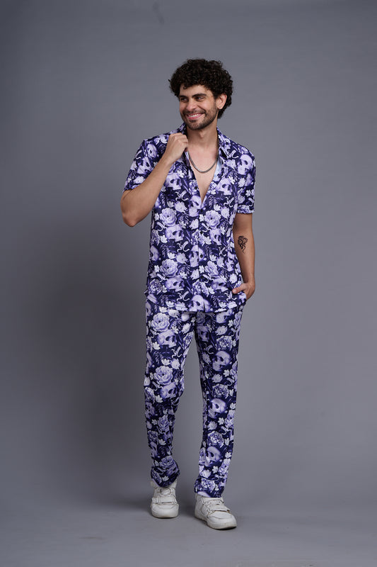 Flower Printed White and Royal Blue Shirt With Pant Co-Ord Set For Men