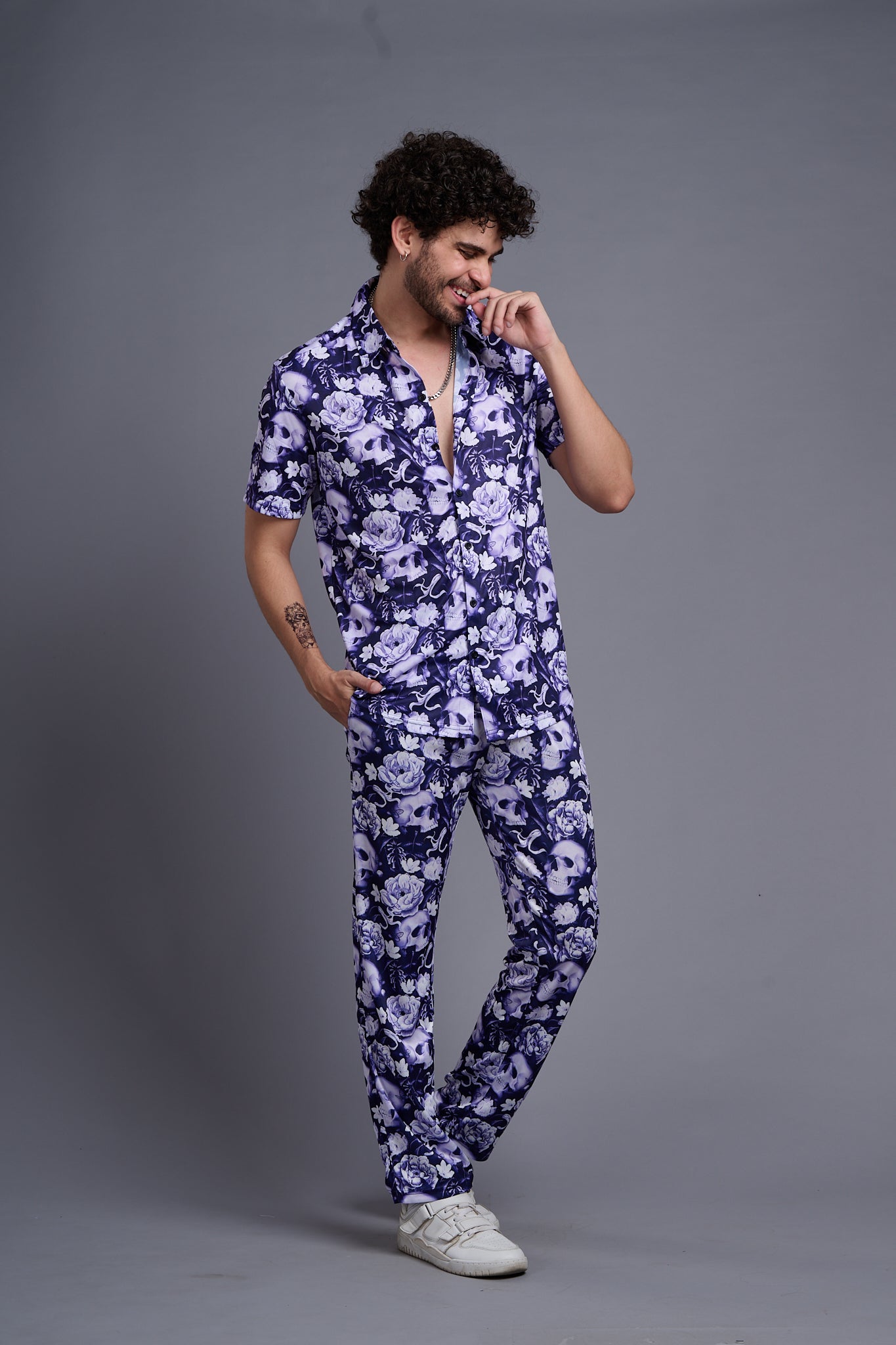 Flower Printed White and Royal Blue Shirt With Pant Co-Ord Set For Men