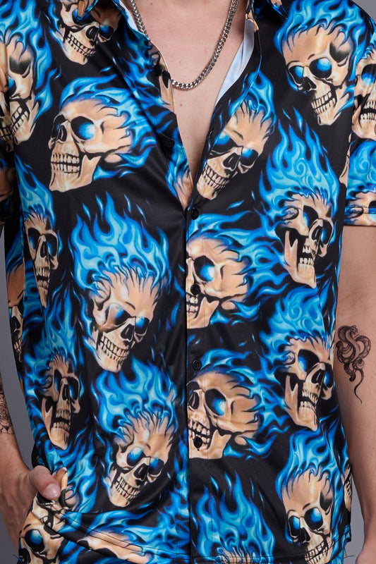 Blue Flaming Skull Printed Shirt With Pant Co-Ord Set For Men