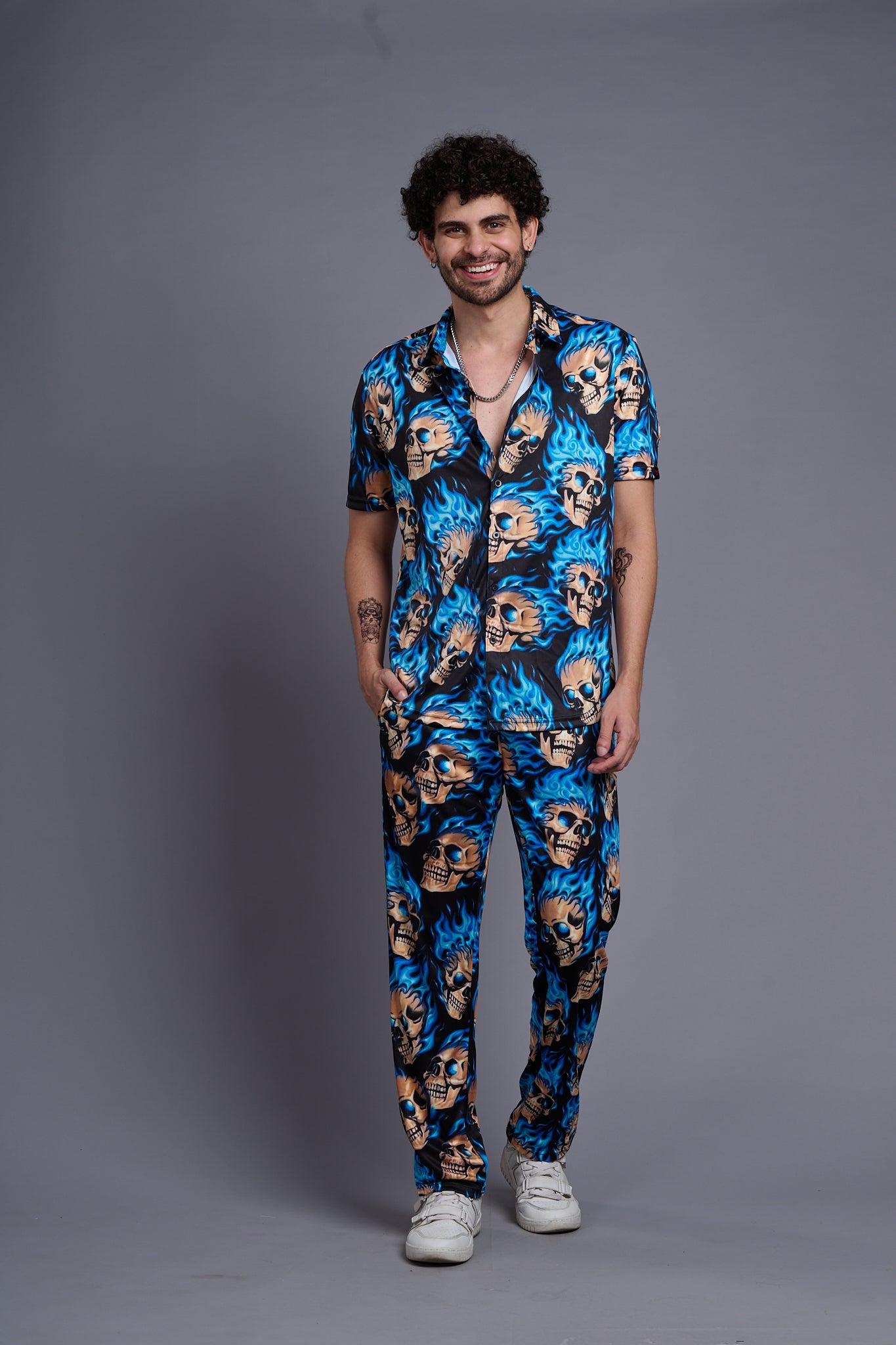 Blue Flaming Skull Printed Shirt With Pant Co-Ord Set For Men