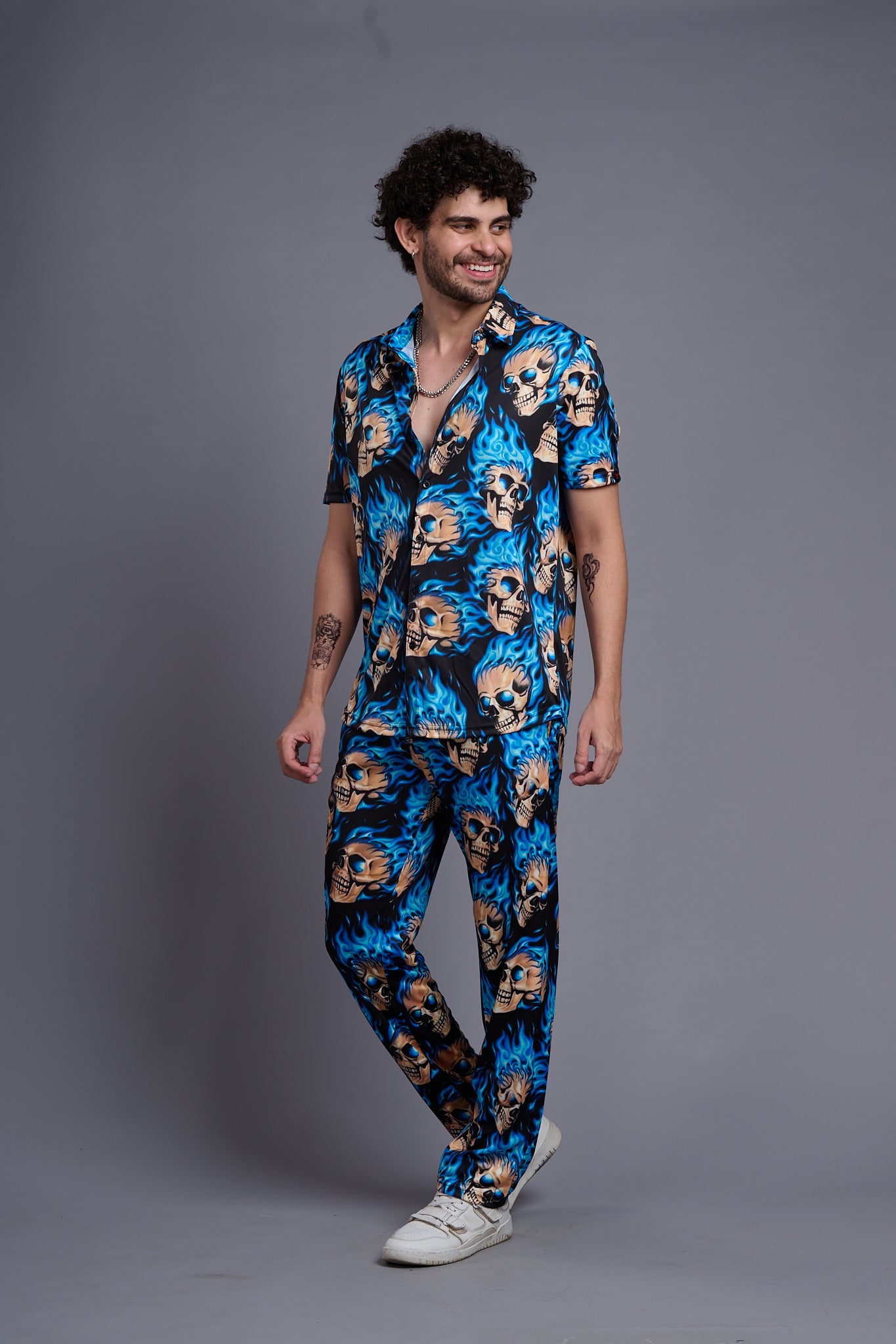 Blue Flaming Skull Printed Shirt With Pant Co-Ord Set For Men