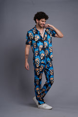 Blue Flaming Skull Printed Shirt With Pant Co-Ord Set For Men