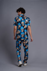 Blue Flaming Skull Printed Shirt With Pant Co-Ord Set For Men