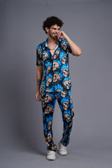Blue Flaming Skull Printed Shirt With Pant Co-Ord Set For Men