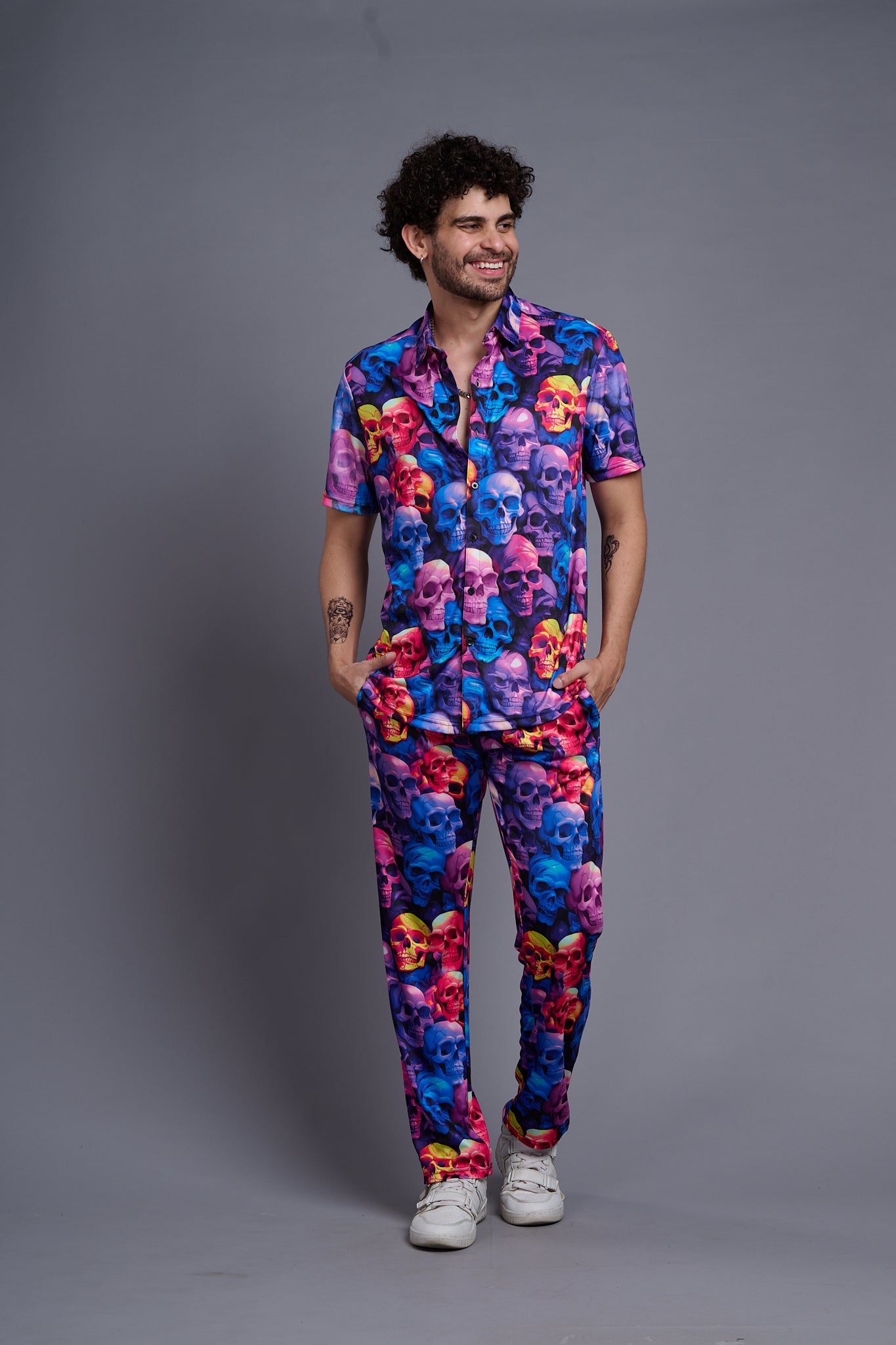 Colourful Skull Printed Shirt With Pant Co-Ord Set For Men