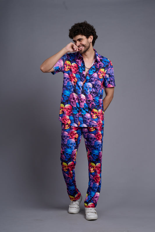 Colourful Skull Printed Shirt With Pant Co-Ord Set For Men