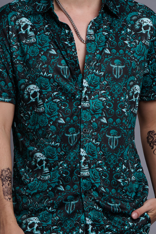Skull and Rose Printed Green Shirt With Pant Co-Ord Set For Men