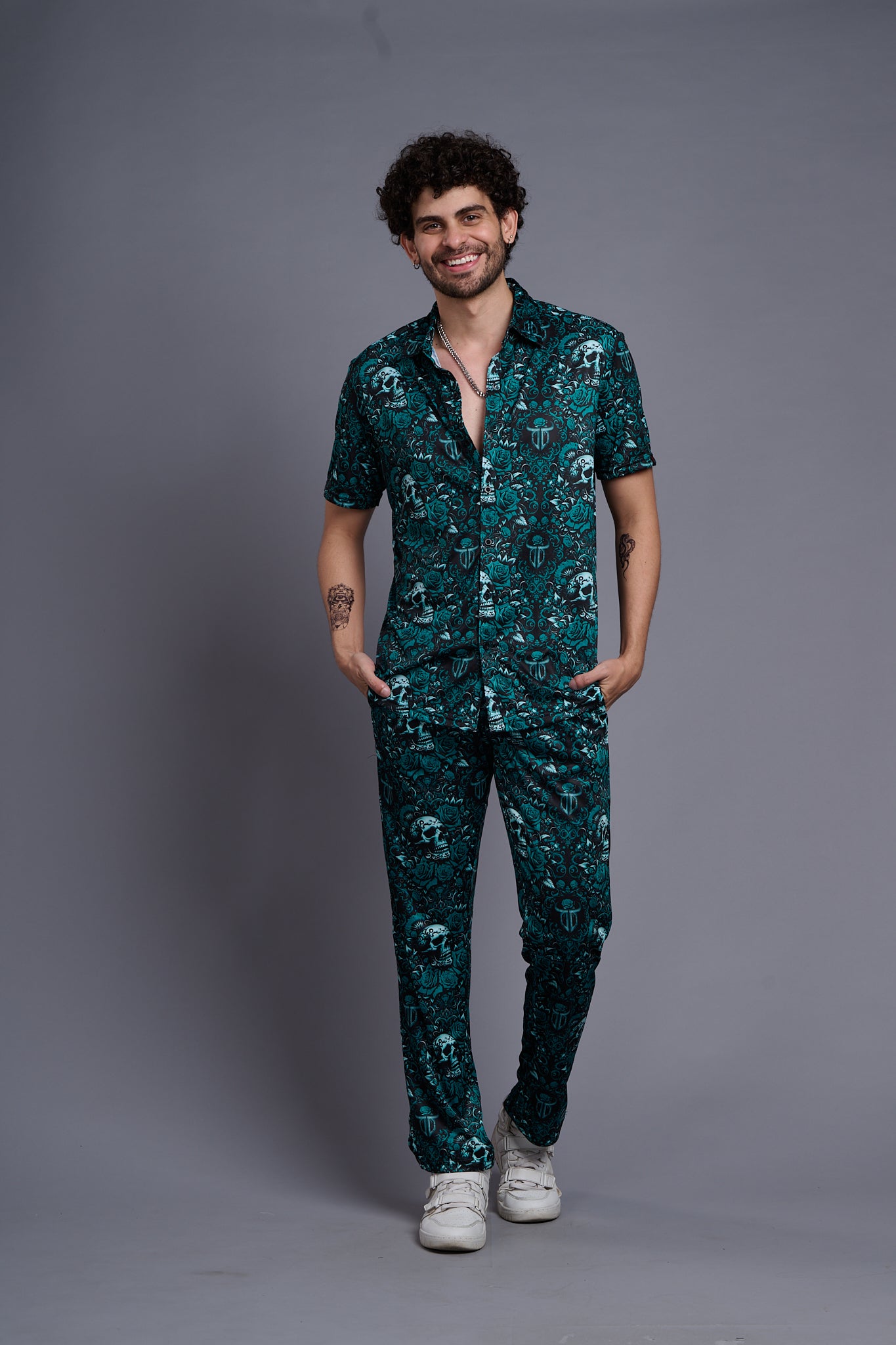 Skull and Rose Printed Green Shirt With Pant Co-Ord Set For Men