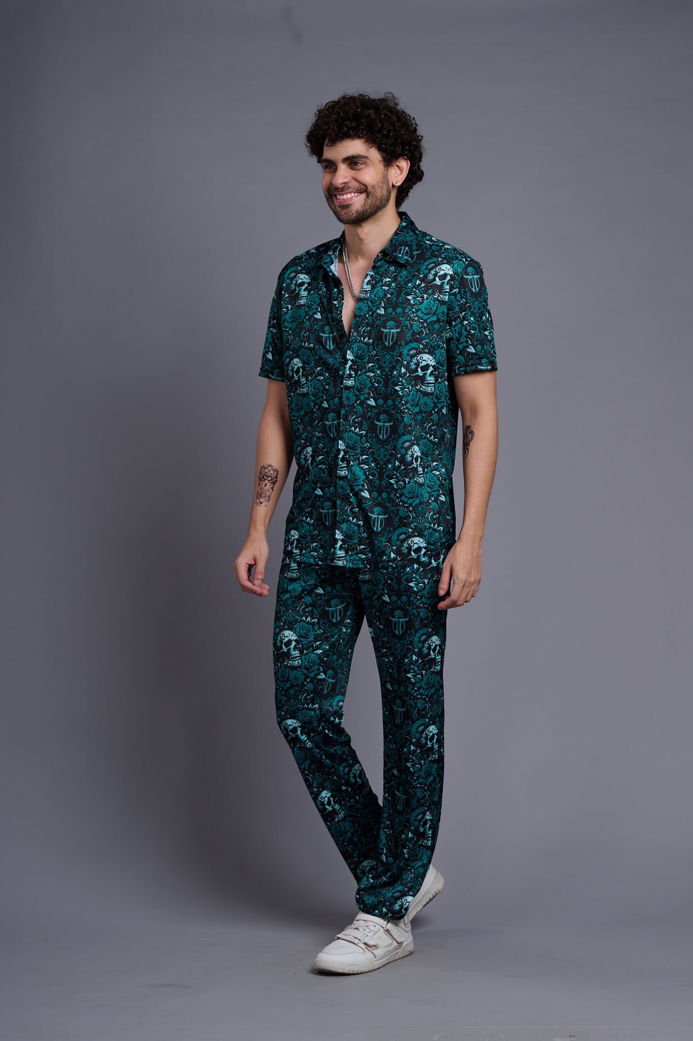 Skull and Rose Printed Green Shirt With Pant Co-Ord Set For Men