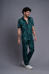 Skull and Rose Printed Green Shirt With Pant Co-Ord Set For Men