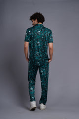 Skull and Rose Printed Green Shirt With Pant Co-Ord Set For Men
