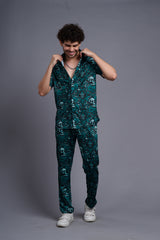 Skull and Rose Printed Green Shirt With Pant Co-Ord Set For Men